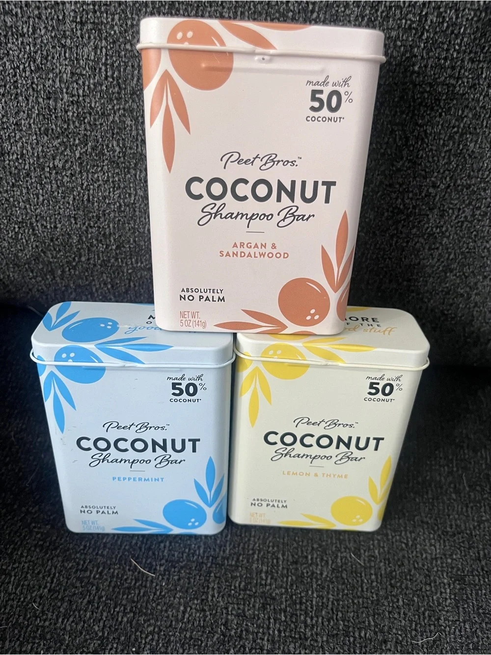 Coconut Shampoo Bars- Set of 3 - Argan & Sandalwood, Lemon & Thyme, Peppermint